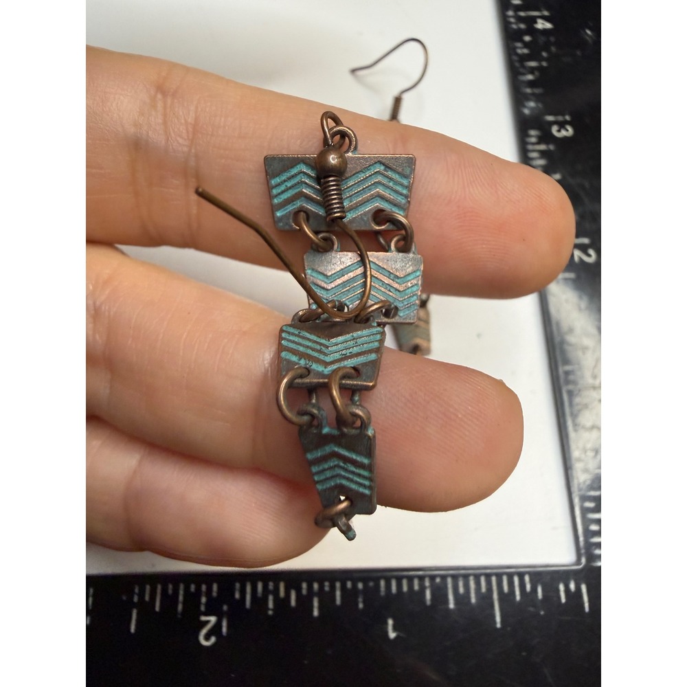 Copper Patina Chevron Tiered Dangle Earrings Boho Geometric Drop Earrings